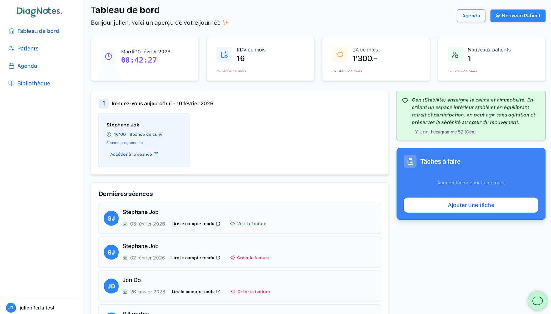 Interface DiagNotes - Dashboard de gestion de cabinet