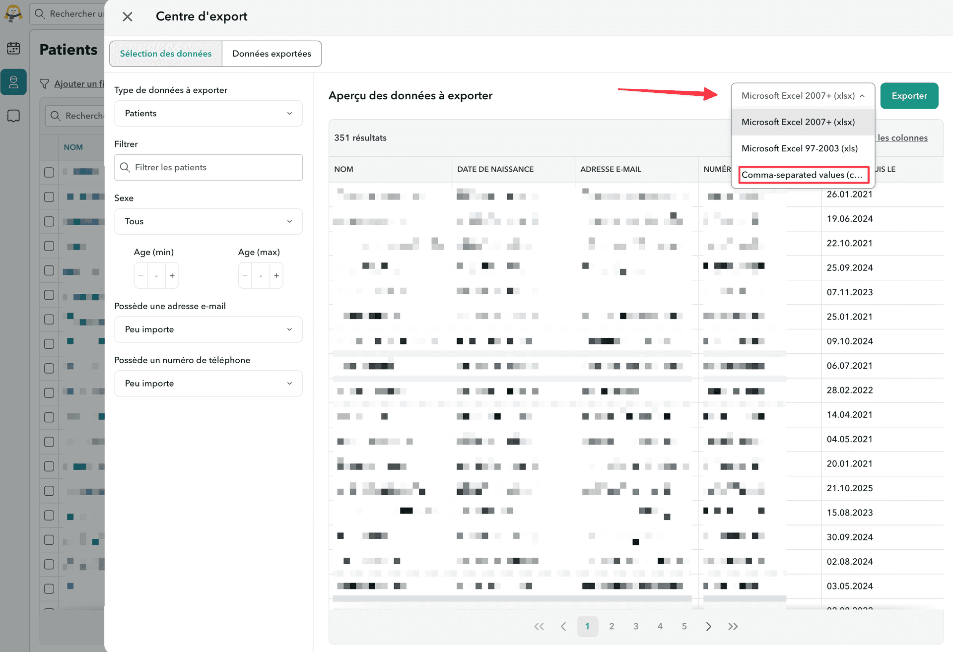 Choix du format CSV Choisir le format CSV dans OneDoc