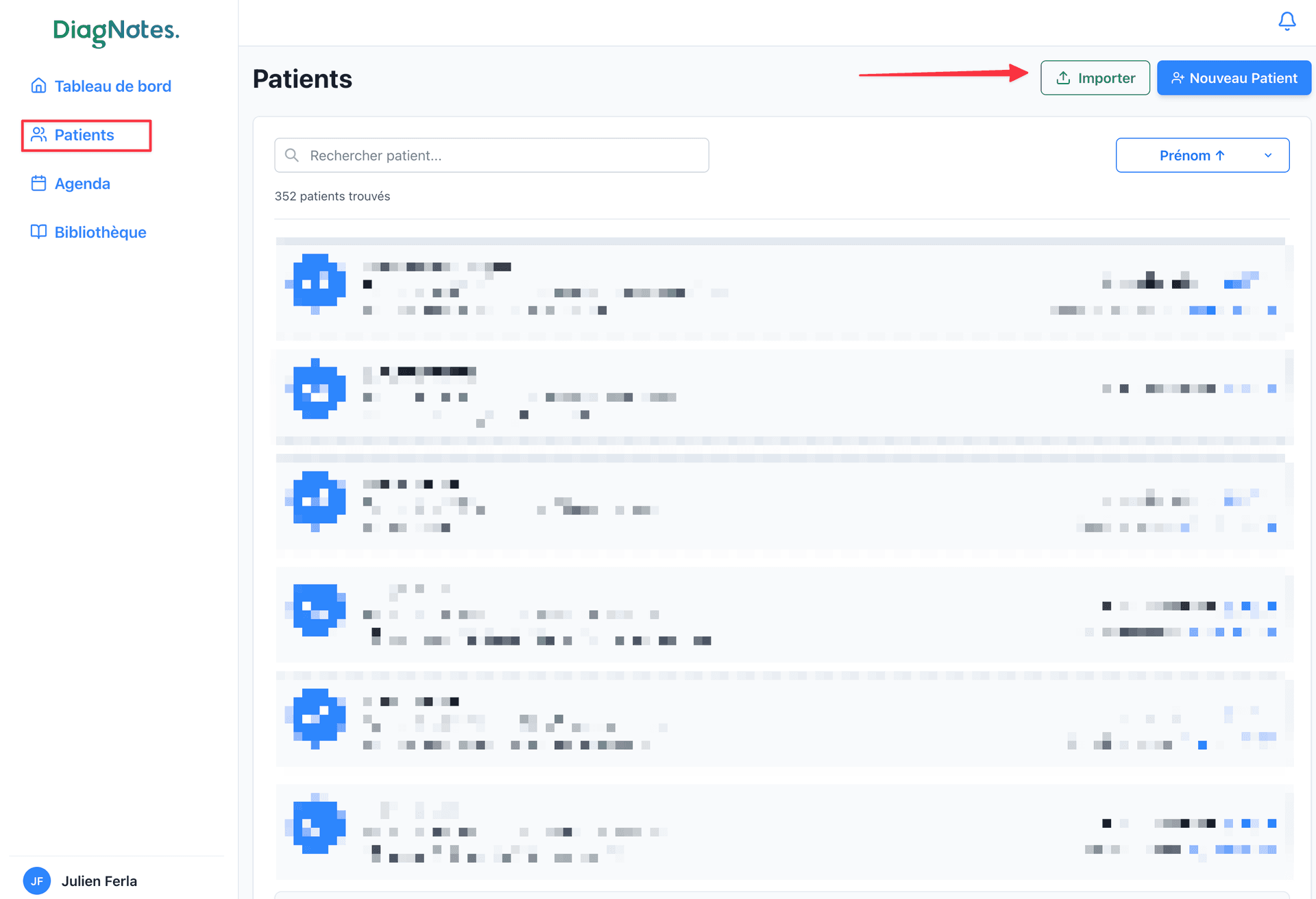 Accès à la fonctionnalité d’import des patients Accéder à l’import des patients dans DiagNotes