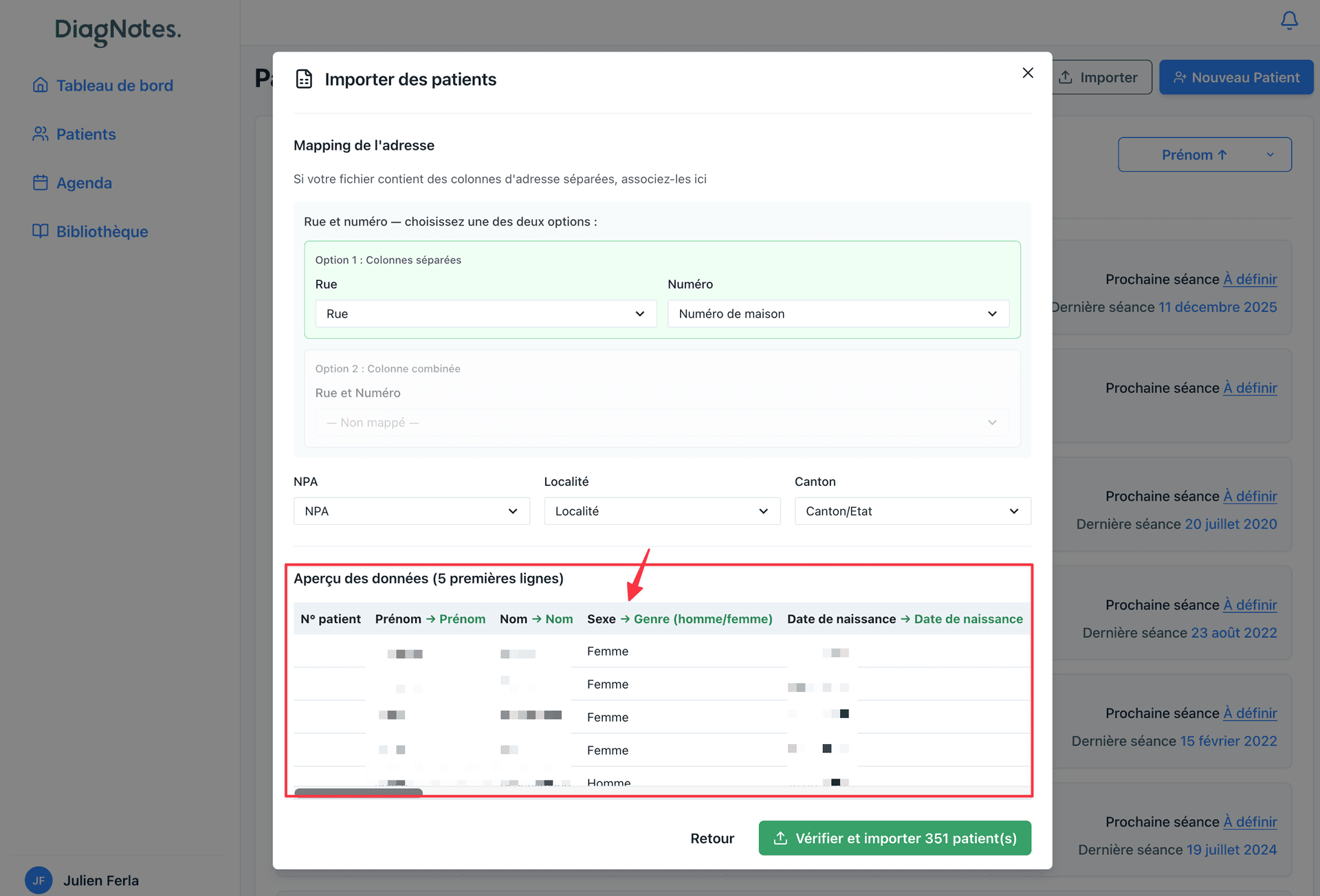 Import terminé, patients disponibles dans DiagNotes Import des patients terminé dans DiagNotes