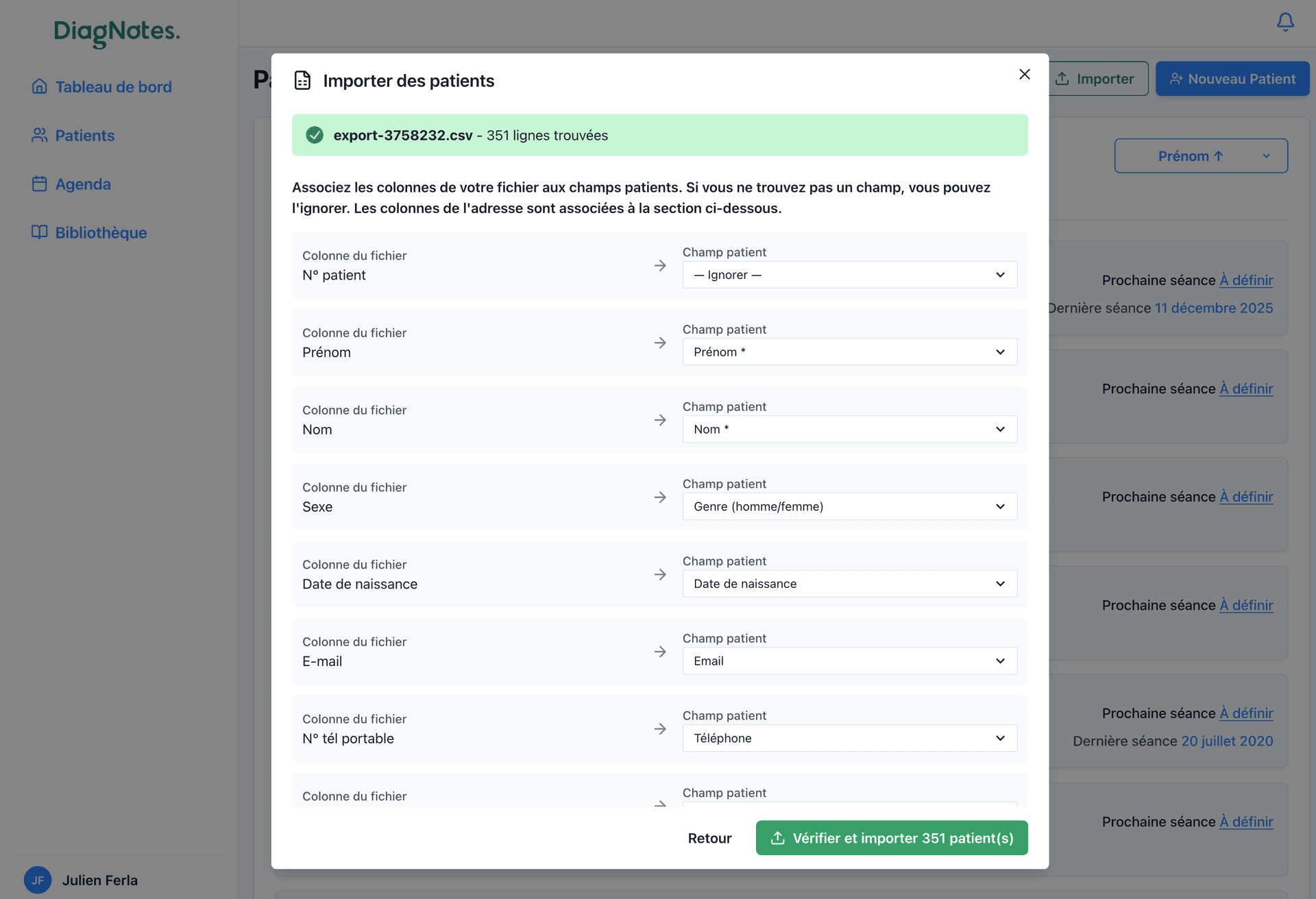 Téléchargement du fichier d’export mapping le fichier CSV OneDoc