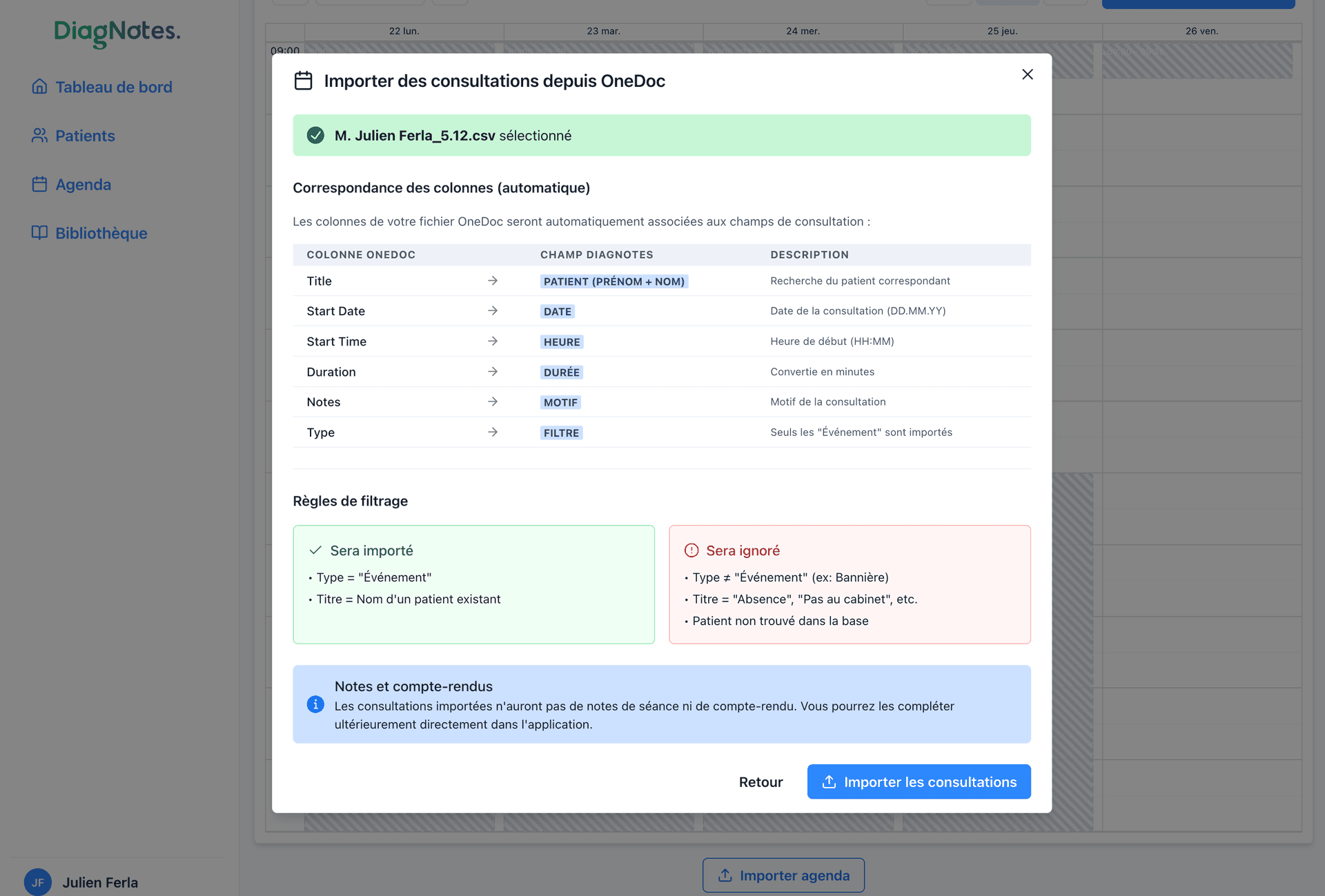 Vérification des rendez-vous importés Vérification des données importées