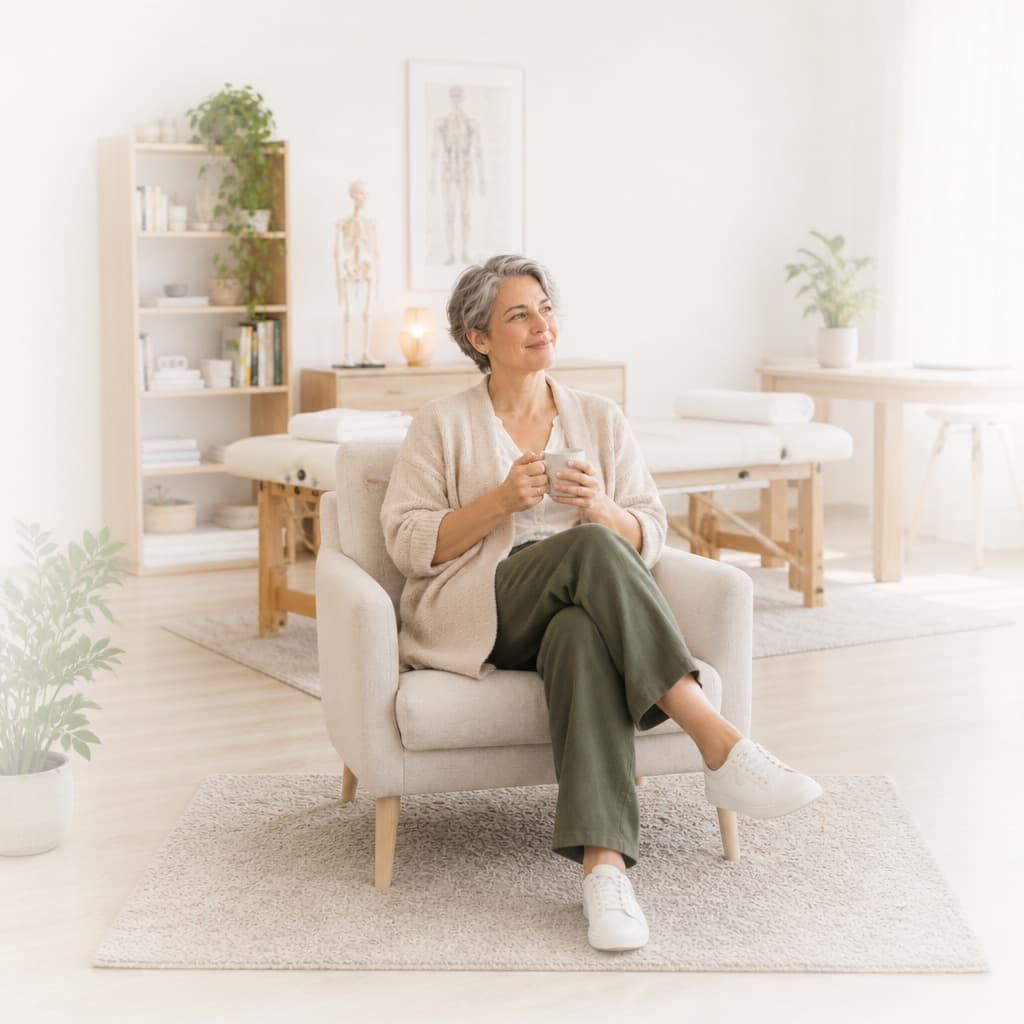 Une thérapeute détendue dans le fauteuil de son cabinet, une tasse à la main