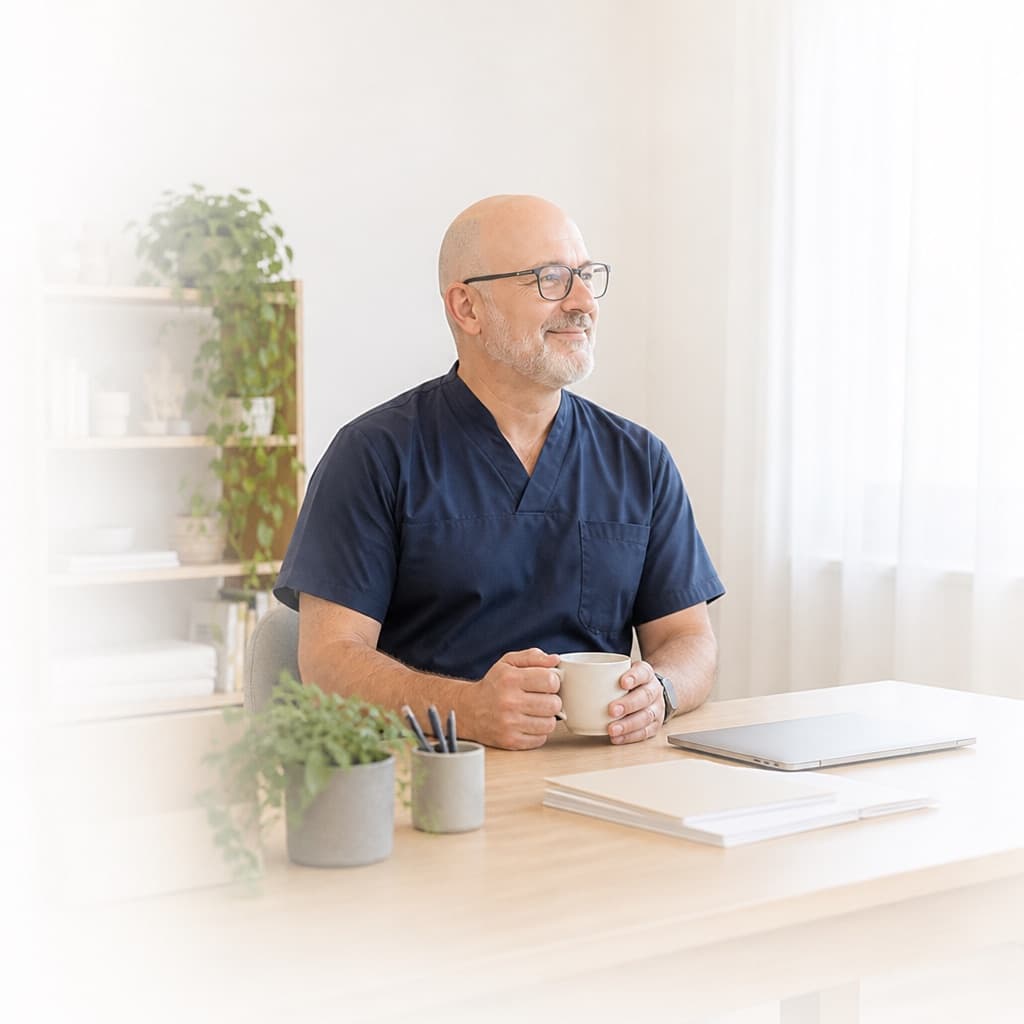 Un thérapeute détendu à son bureau en fin de journée, une tasse à la main