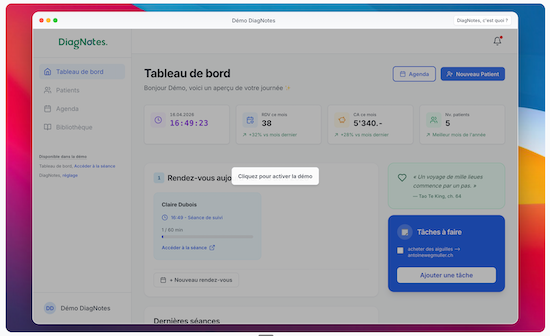 Aperçu de la démo interactive DiagNotes : tableau de bord avec agenda, rendez-vous et tâches