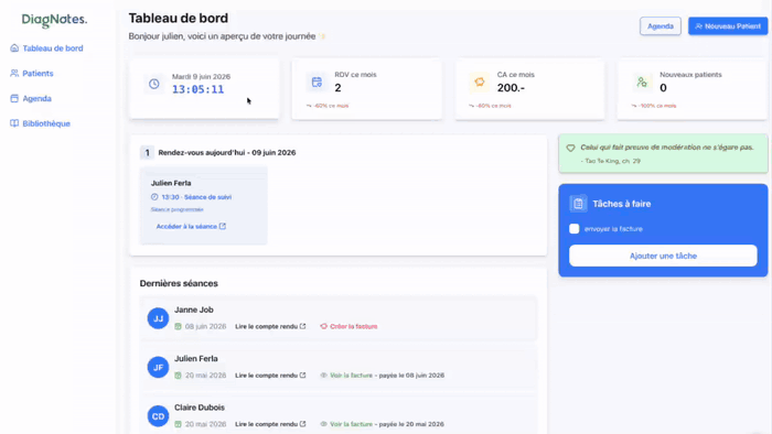 Aperçu animé du tableau de bord statistiques DiagNotes